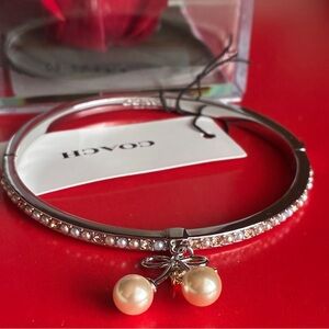 NEW COACH,Coach Silver Pearl Charm Bangle Bracelet - Silver/White/Gold Accent